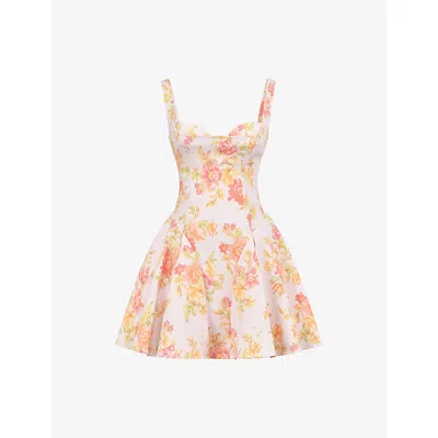 HOUSE OF CB WOMENS PEACH POPPY PRINT BUNNY SHOULDER-STRAP CREPE MINI DRESS