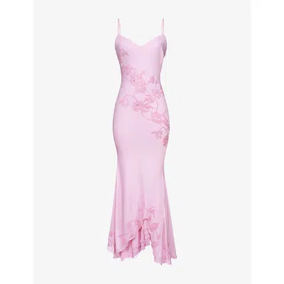 House Of Cb Anastelle Bead Embellished Satin Mermaid Gown In Pink