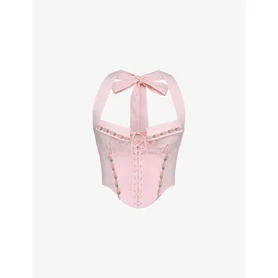 House Of Cb Womens Pink Demi Floral-embroidered Stretch-cotton Corset Top