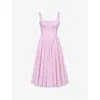 House Of Cb Womens Pink Rose Print Amara Floral-print Lace-embroidered Stretch-cotton Midi Dress