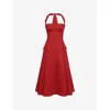 House Of Cb Of Cb Womens Claudia Halterneck Stretch-cotton Midi Dress Red In Red