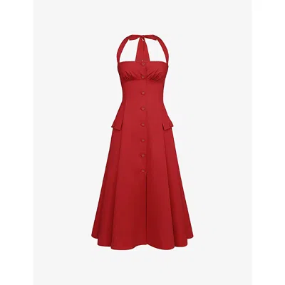 House Of Cb Of Cb Womens Claudia Halterneck Stretch-cotton Midi Dress Red