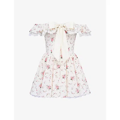 House Of Cb Womens Rose Cream Jaide Floral-print Off-shoulder Stretch-cotton Mini Dress Xs