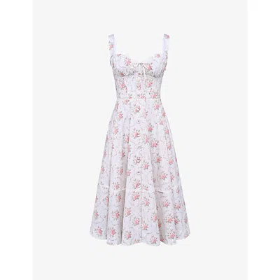 House Of Cb Womens Rose Print Chiarina Ruched Stretch-cotton Midi Dress In Pink