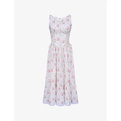House Of Cb Womens Rose Print Sienna Floral-print Side-tie Stretch-cotton Midi Dress In Pink