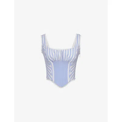House Of Cb Womens Stripe Blue Petra Striped-pin Tuck Stretch-woven Corset Top