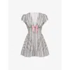 House Of Cb Womens Stripe Floral Green Emiliana Striped Floral-print Stretch-cotton Mini Dress In Green