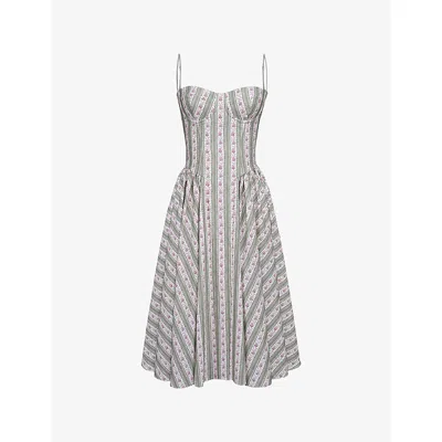 House Of Cb Of Cb Womens Mya Floral-print Stretch-cotton Midi Dress Stripe Floral Green In Gray
