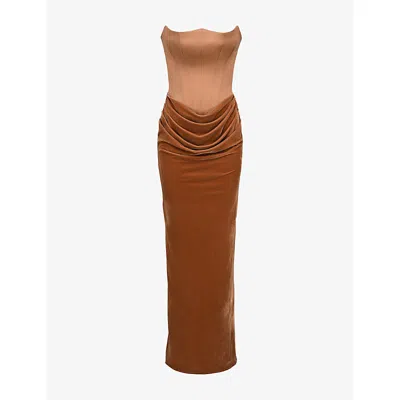 House Of Cb Of Cb Womens Persephone Fuller-bust Stretch-satin And Velvet Maxi Dress Toffee Velvet In Brown
