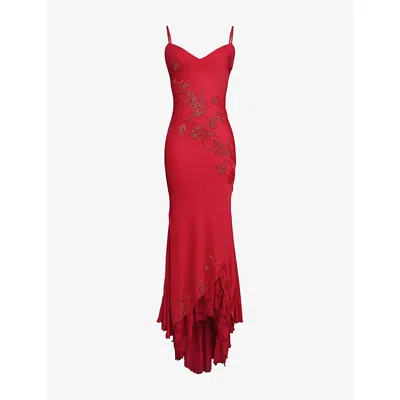 House Of Cb Womens Urban Red Anastelle Hand-beaded Satin Maxi Dress
