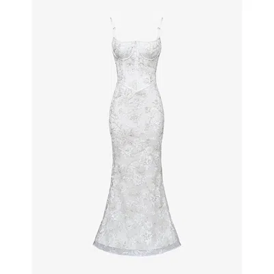 House Of Cb Womens White Naeva Bead-embellished Tulle Bridal Gown