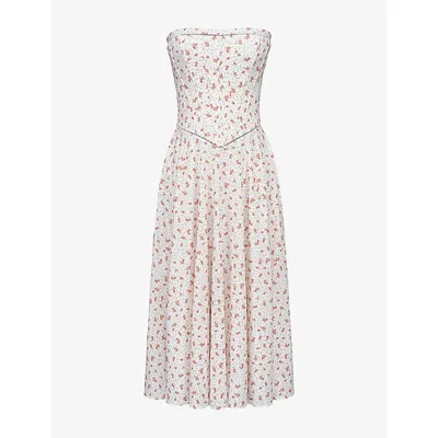 House Of Cb Womens White Rose Floral Gina Rose-print Strapless Stretch-cotton Maxi Dress