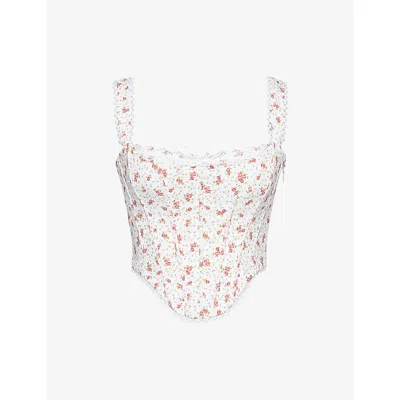 House Of Cb Womens White Rose Print Adina Scallop-trim Stretch-cotton Corset To