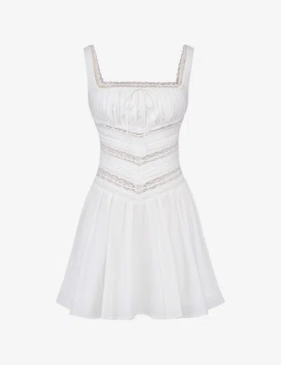 House Of Cb Womens White Tiffani Square-neck Lace-trim Stretch-cotton Mini Dress