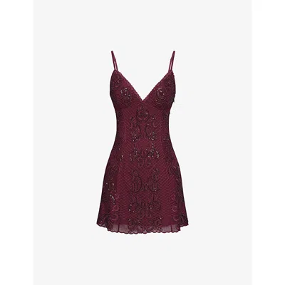 House Of Cb Womens Wine Catarina Bead-embellished Mesh Mini Dress In Brown
