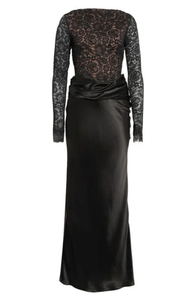 House Of Cb Yasmeen Long Sleeve Lace Bodysuit & Satin Skirt Set In Black