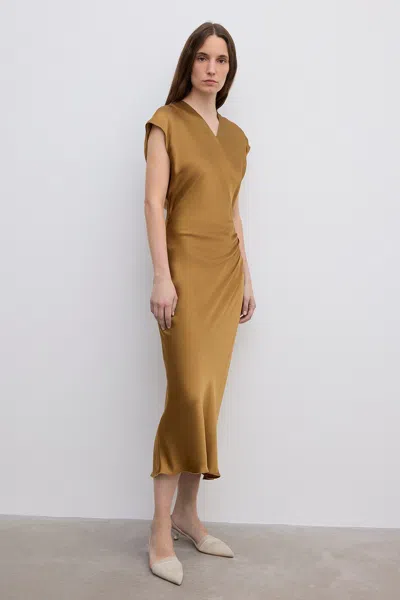 House Of Dagmar Fluid V-neck Dress In Dull Gold