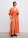 House Of Dagmar Organic Cotton Pintuck Midi Dress In Orange Rust