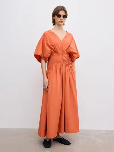 House Of Dagmar Organic Cotton Pintuck Midi Dress In Orange