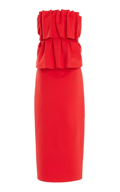 House Of Dagmar Ruffled Stretch-crepe Strapless Midi Dress In Red