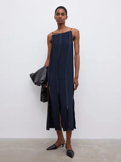 House Of Dagmar Striped Midi Dress |  | Navy Blue | Size 38 | 80% Viscose 20% Linen