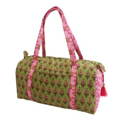 House Of Disaster Block Printed Green & Pink Floral Quilted Duffle Bag