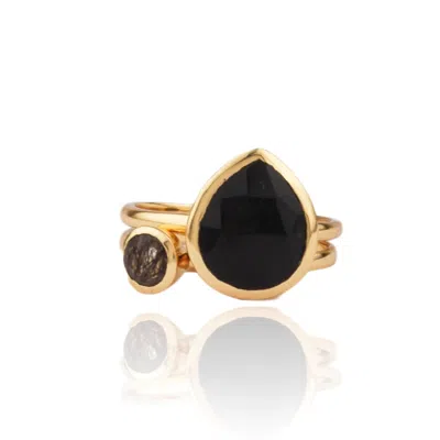 House Of Elliott Women's Black / Gold Fiona Stacking Rings With Semi-precious Stones