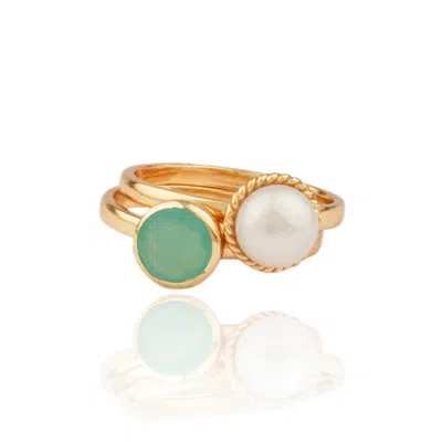 House Of Elliott Women's Blue / White Felicia Stacking Rings With Semi-precious Stone And Pearl In Multi