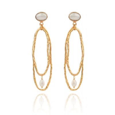 House Of Elliott Women's Gold Lacey Drop Earrings With Hammered Irregular Hoops And Pearls