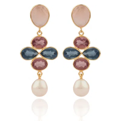 House Of Elliott Women's Rochelle Drop Earrings With Chunky And Shiny Semi-precious Stones And Pearls In Yellow
