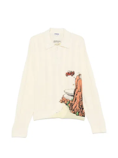 House Of Errors Cable-knit Graphic-print Polo Shirt In Neutral