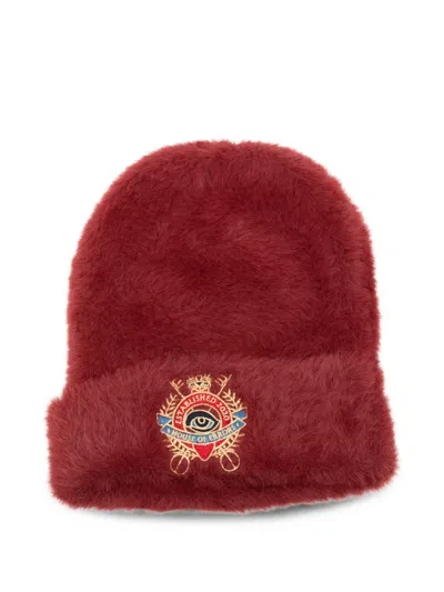 House Of Errors Embroidered-crest Faux-fur Beanie Hat In Red