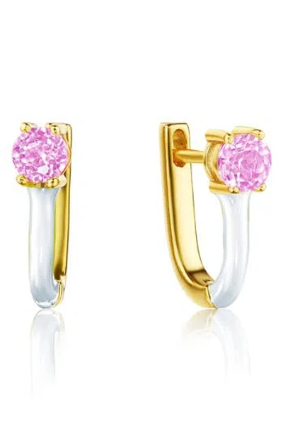 House Of Frosted White Enamel & Stone Huggie Hoop Earrings In Gold