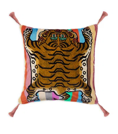 House Of Hackney Large Velvet Iridis Stripe Saber Tassel Cushion In Multi