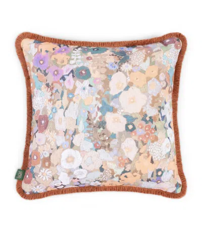 House Of Hackney Medium Cotton-linen Hollyhocks Fringed Cushion