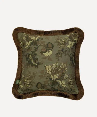 House Of Hackney Persephone Medium Fringed Jacquard Cushion In Verdigris