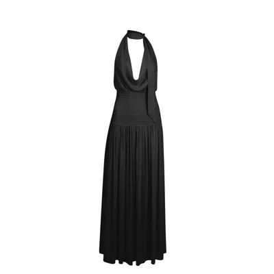 House Of Ika Women's Black Cowl Drape Smocked Waist Dress