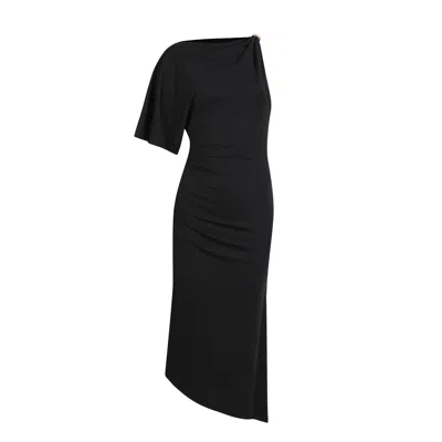 House Of Ika Women's Black Draped One-shoulder Buckle Dress