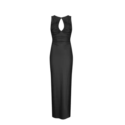 House Of Ika Women's Black Keyhole Ruched Maxi Dress