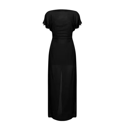 House Of Ika Women's Black Sheer Viscose Flutter Sleeve Dress