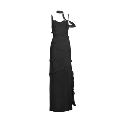 House Of Ika Women's Black Slit Ruffle Viscose Maxi Dress