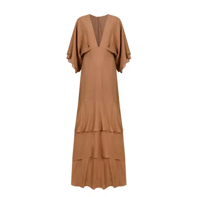House Of Ika Women's Brown Deep V-neck Viscose Maxi Dress