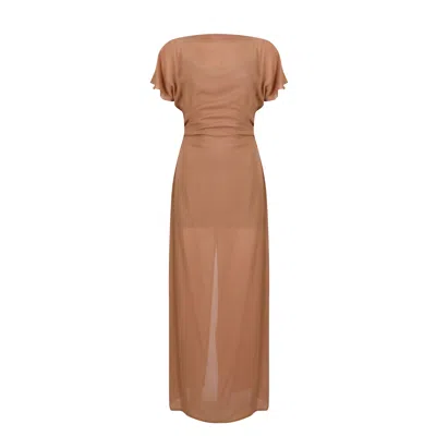 House Of Ika Women's Sheer Viscose Flutter Sleeve Dress In Brown