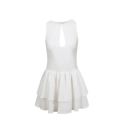 House Of Ika Women's White Keyhole Tiered Linen Mini Dress