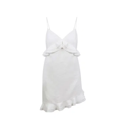House Of Ika Women's White Ruffle Trim Linen Mini Dress