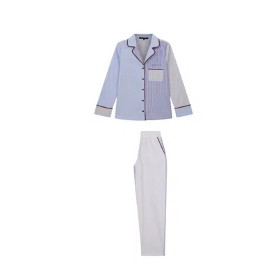 House Of Silk Women's Blue Lyron Cotton Striped Piping Pyjama Set