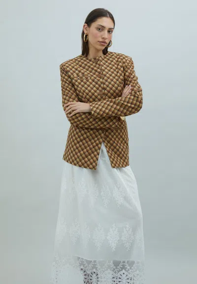 House Of Sunny Check Collarless Blazer In Brown