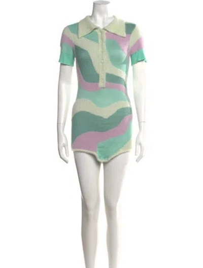 Pre-owned House Of Sunny Colorblock Pattern Short Sleeve Bodysuit In Green