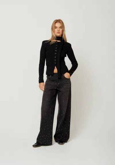 House Of Sunny Crystallised Wide Leg Denim In Black