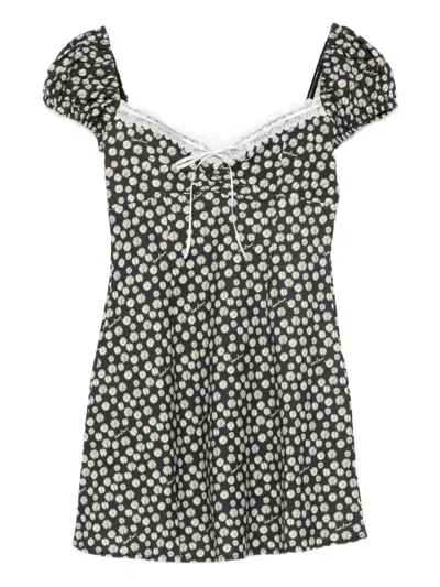 House Of Sunny Ditsy Daisy Puff-sleeve Floral Mini Dress In Black